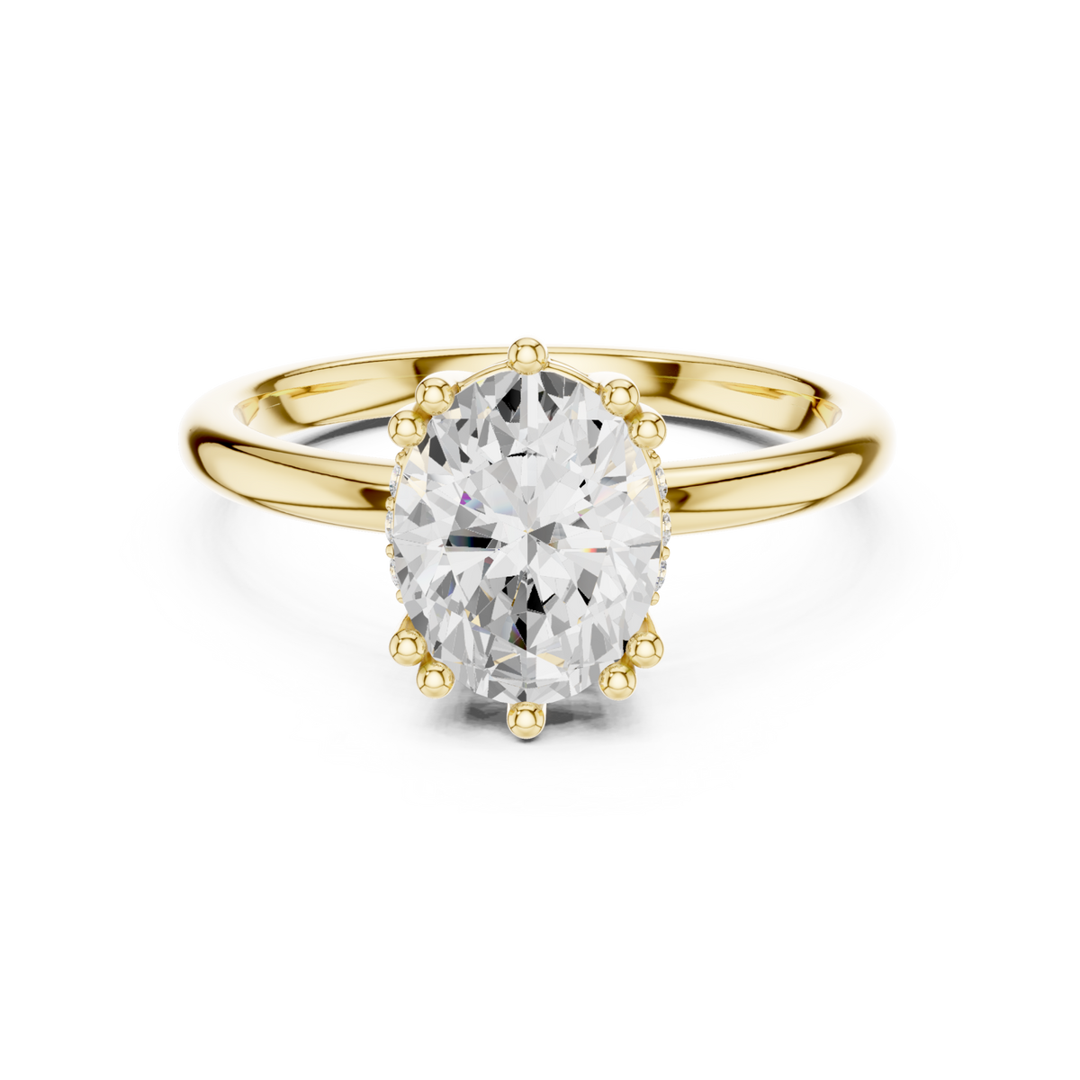Oval eight-prong crown solitaire engagement ring yellow gold detail view