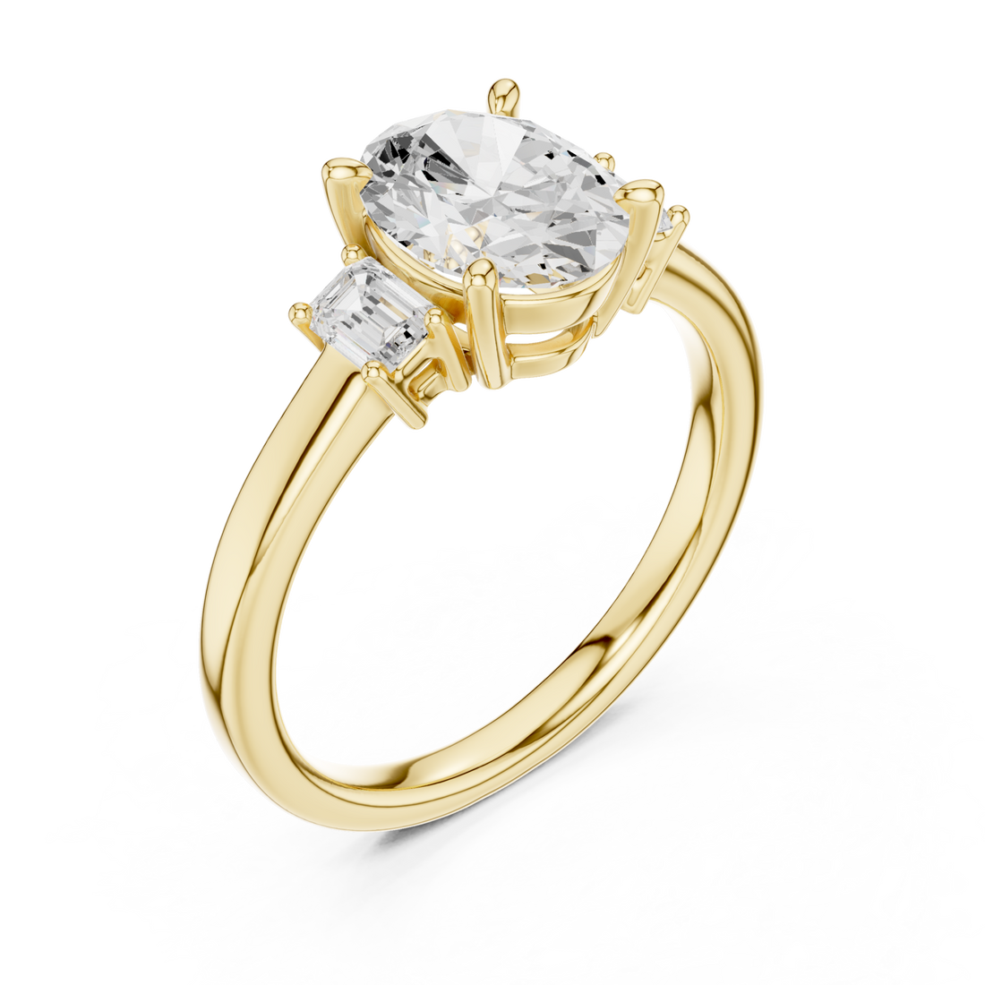 Oval emerald side three stone engagement ring yellow gold front view
