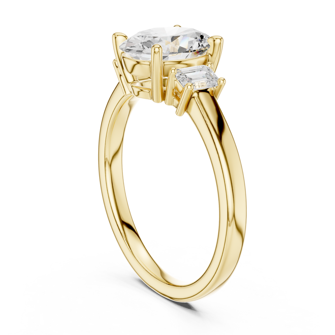 Oval emerald side three stone engagement ring yellow gold front view