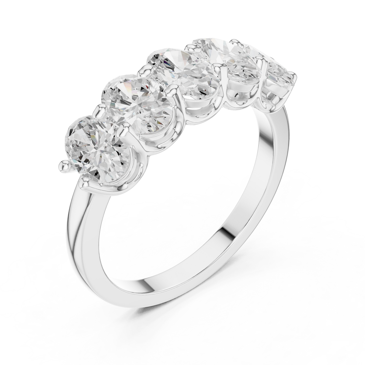 Oval five-stone shared-prong anniversary band white gold front view