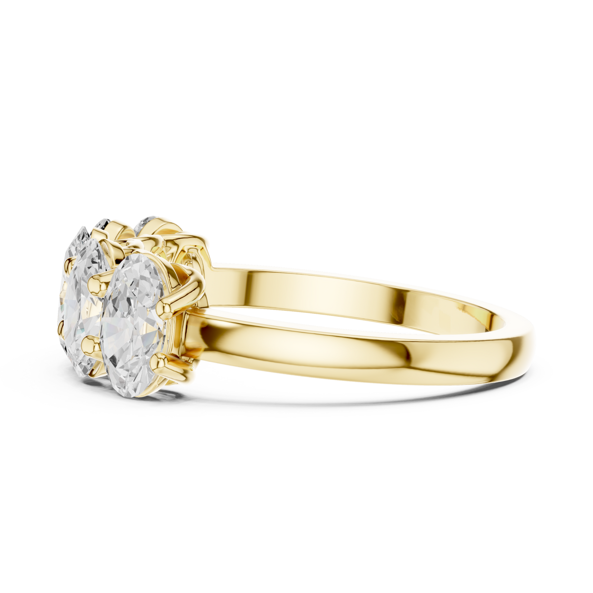 Oval five-stone shared-prong anniversary band yellow gold angle view
