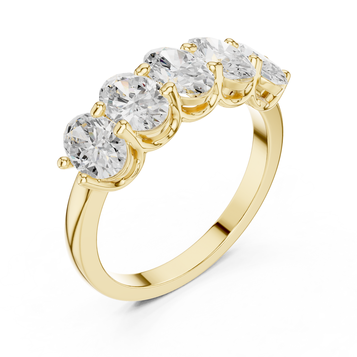 Oval five-stone shared-prong anniversary band yellow gold front view