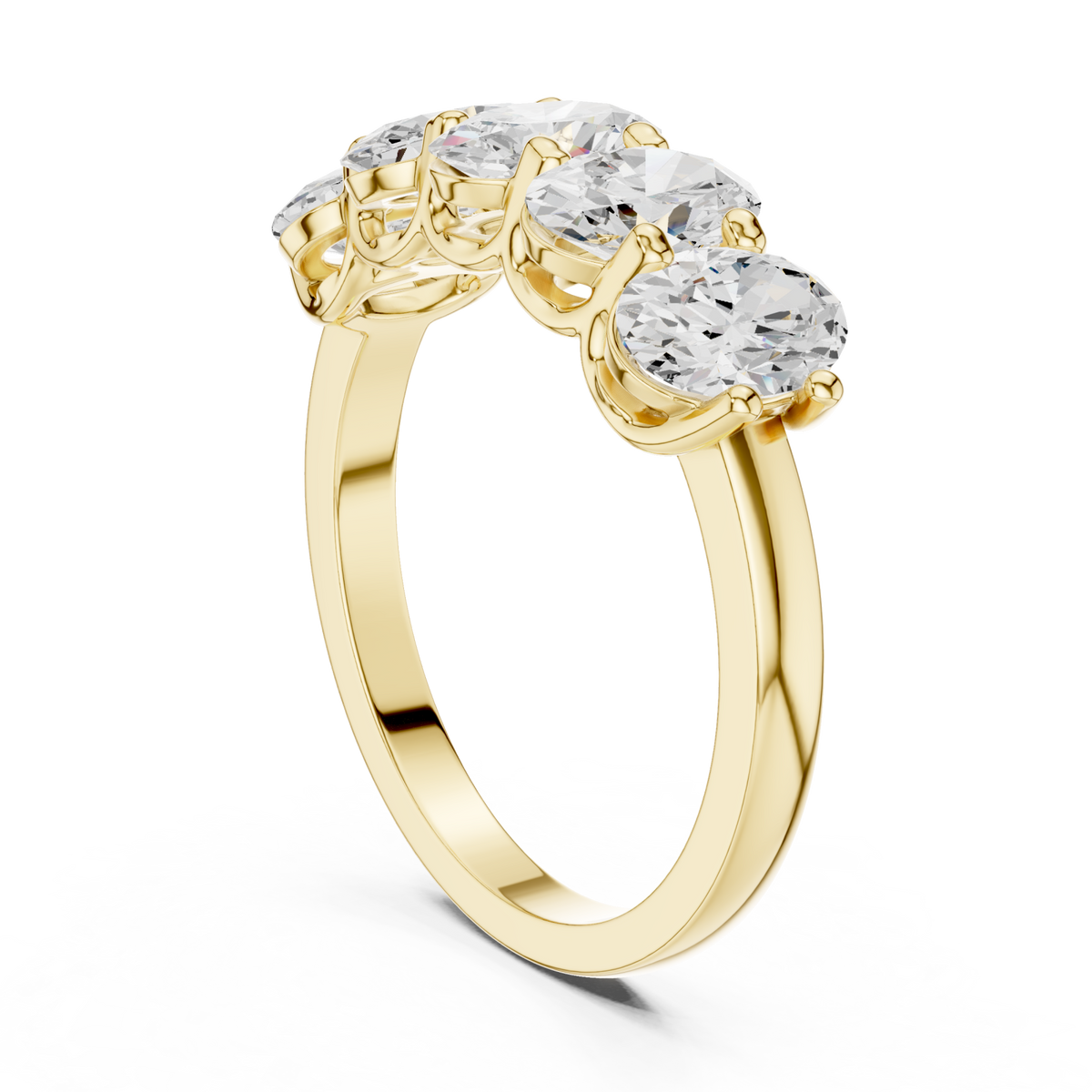 Oval five-stone shared-prong anniversary band yellow gold side view