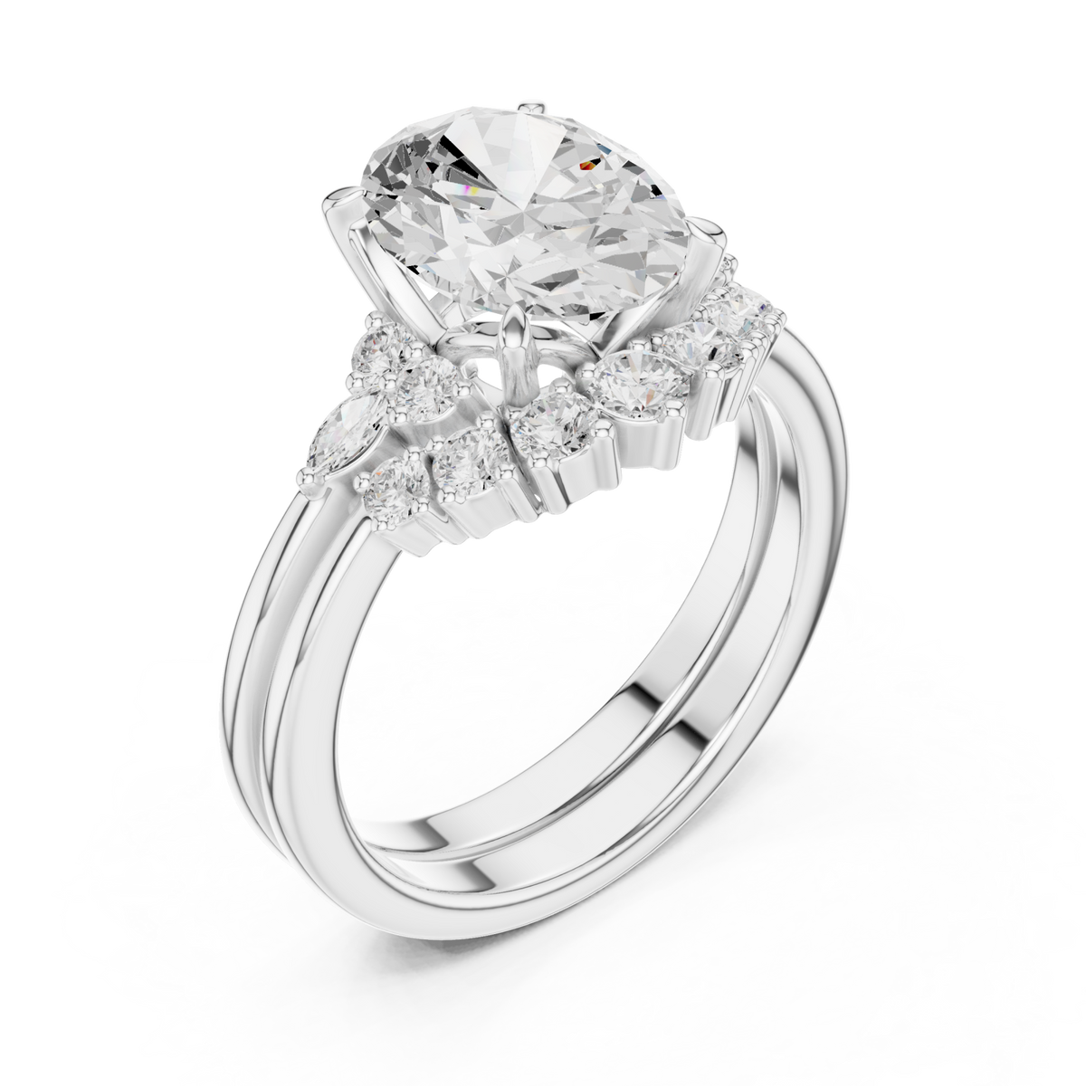 Oval floral cluster bridal set white gold angle view