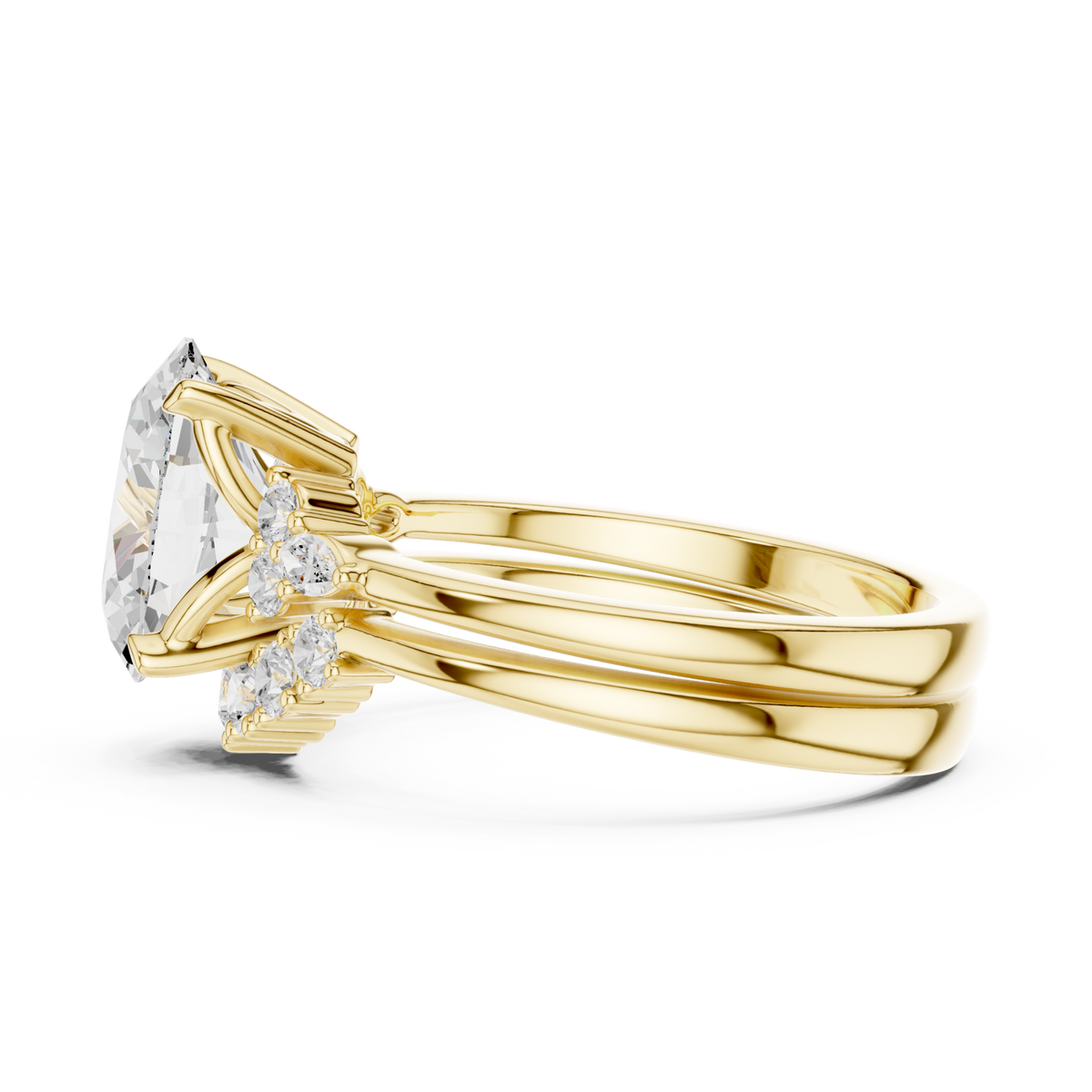 Oval floral cluster bridal set yellow gold side view