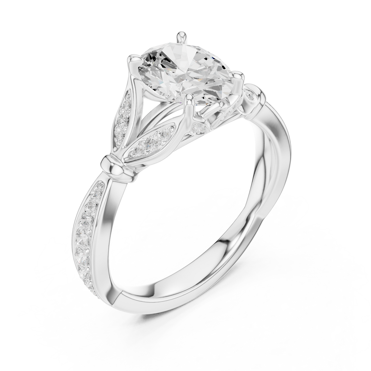 Oval floral leaf pave engagement ring white gold angle view