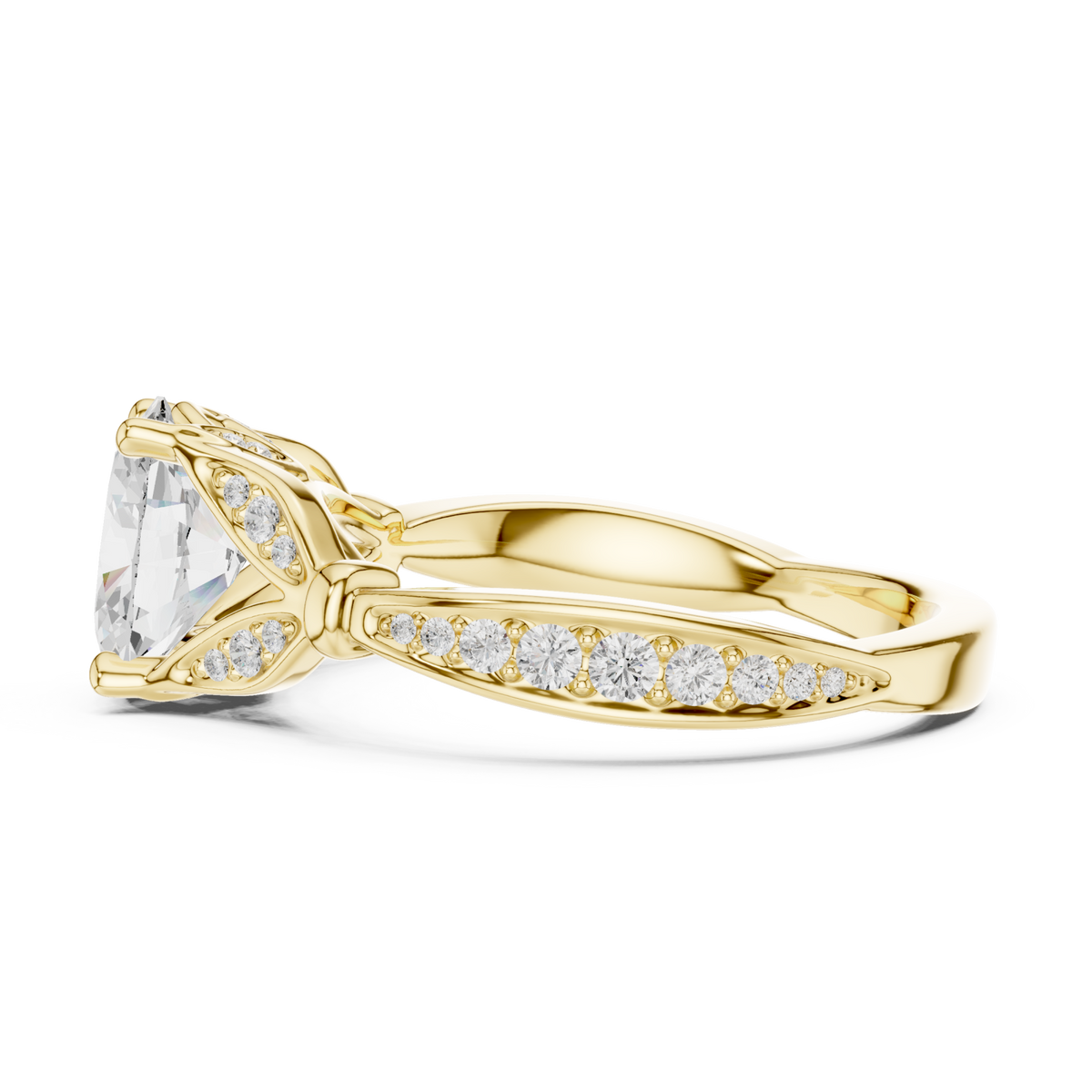 Oval floral leaf pave engagement ring yellow gold side view