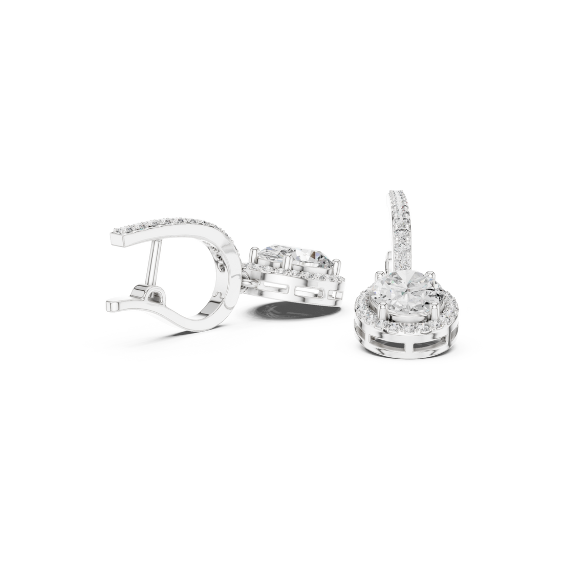  White Gold Oval Halo Huggie Drops Front View