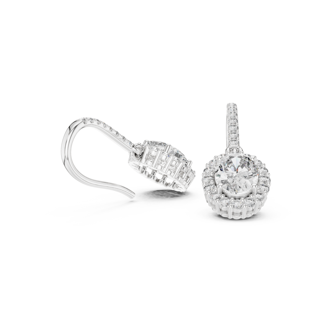  White Gold Oval Halo Pave Drops Front View