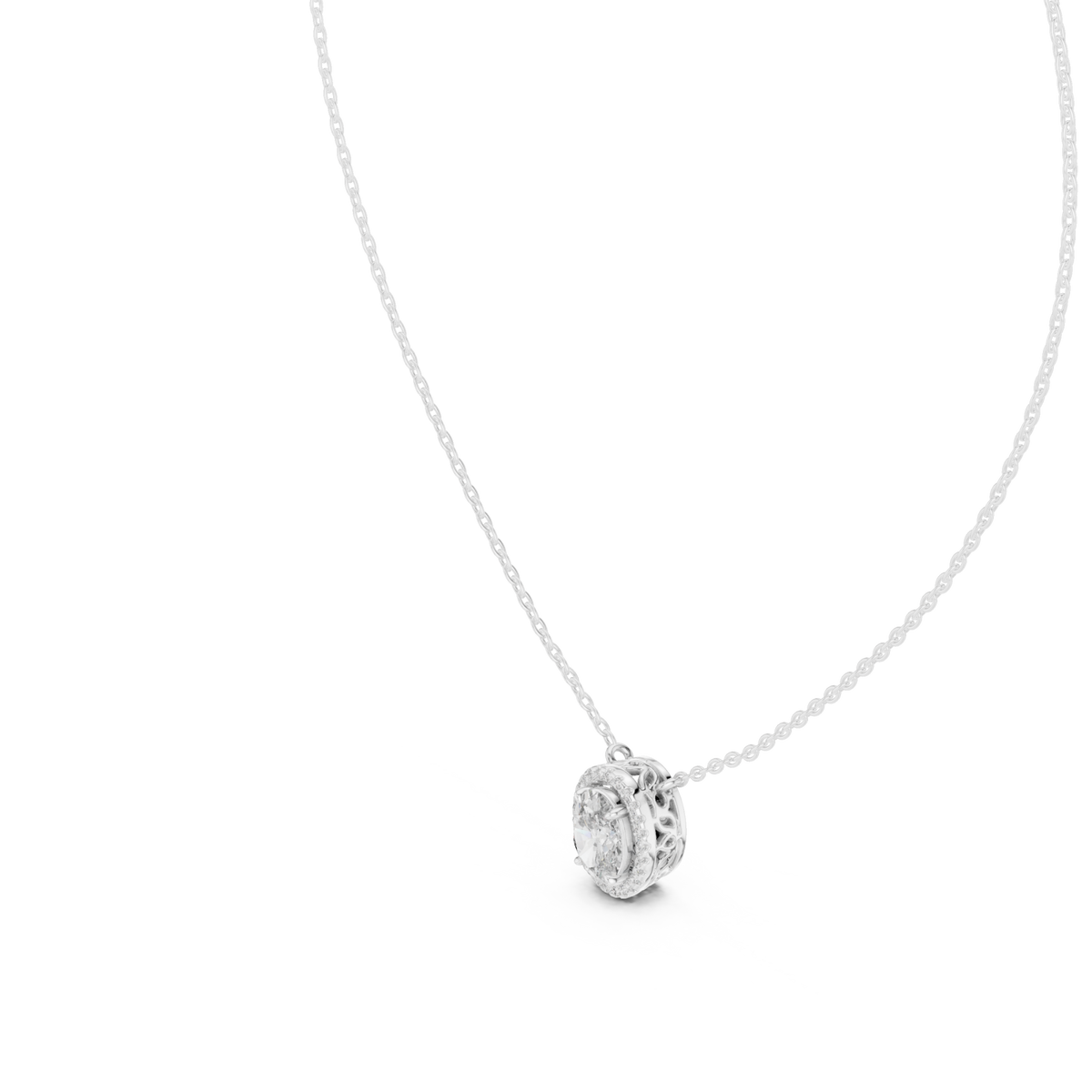 Oval halo pendant white gold angle view