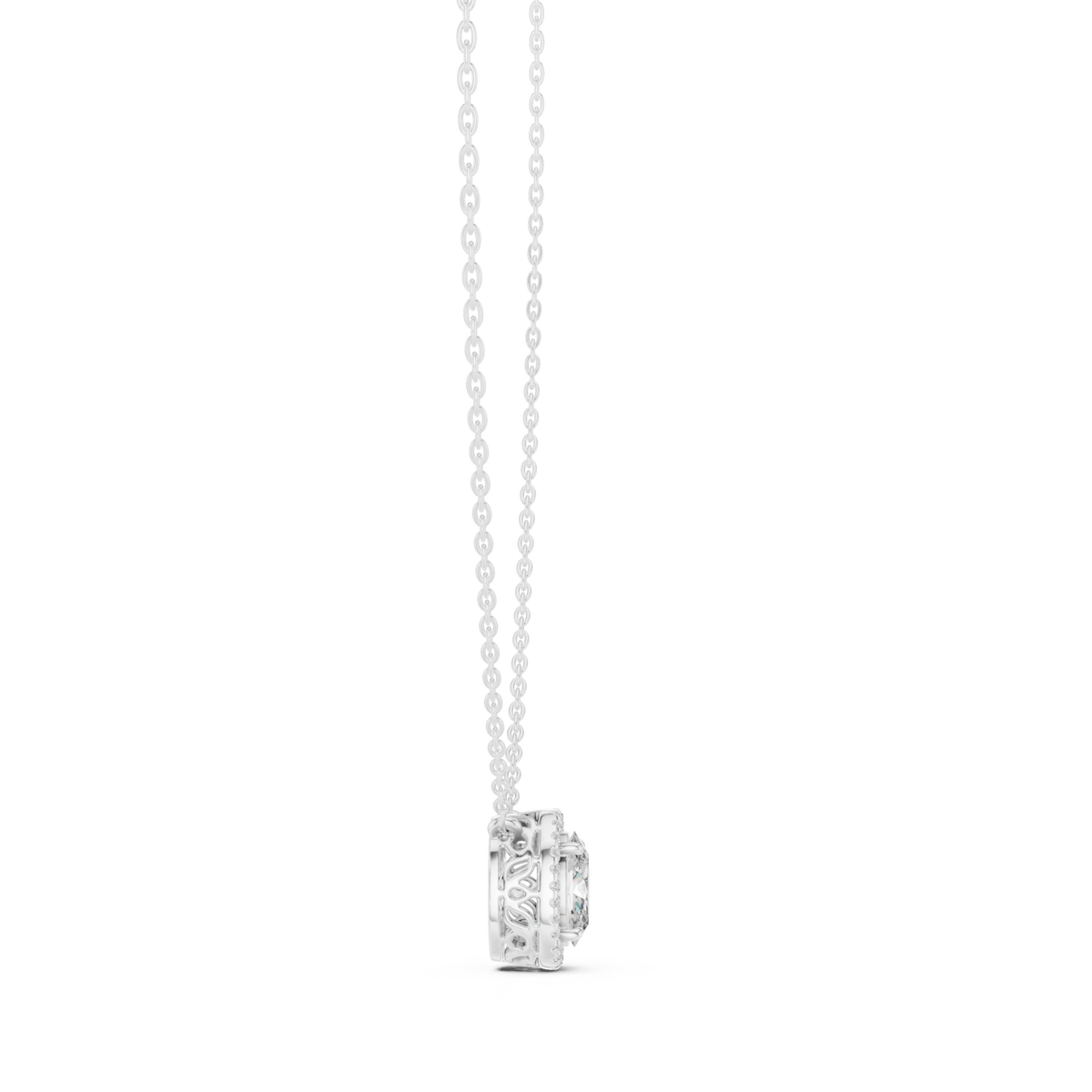Oval halo pendant white gold side view
