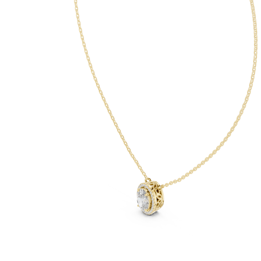 Oval halo pendant yellow gold front view