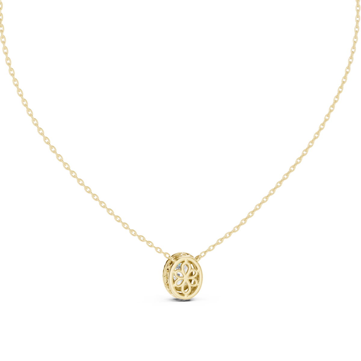 Oval halo pendant yellow gold detail view