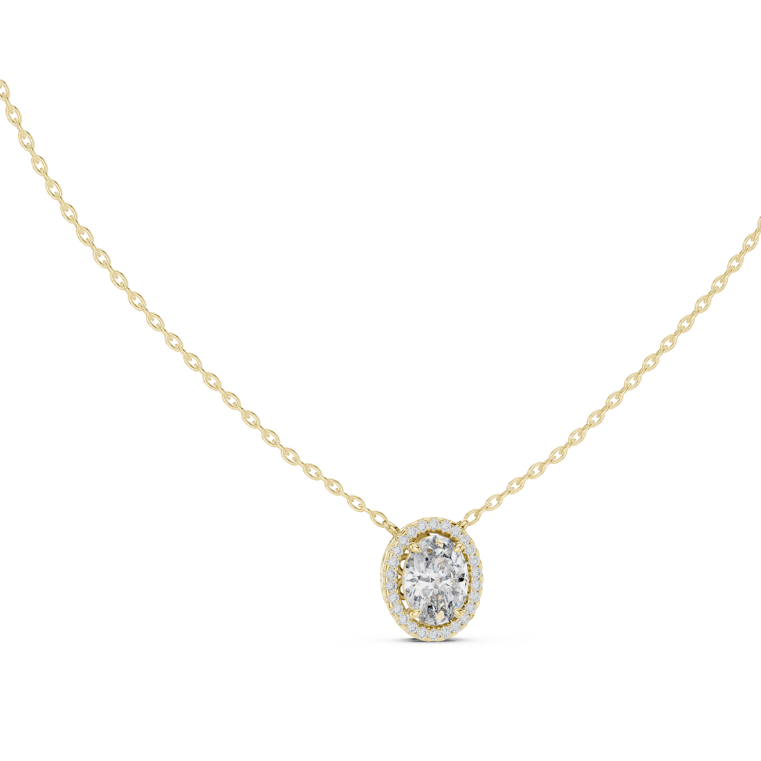 Oval halo pendant yellow gold front view