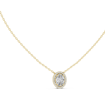 Oval halo pendant yellow gold front view