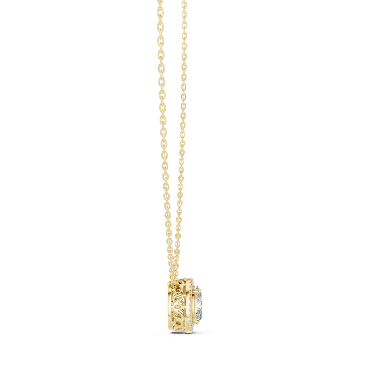 Oval halo pendant yellow gold side view