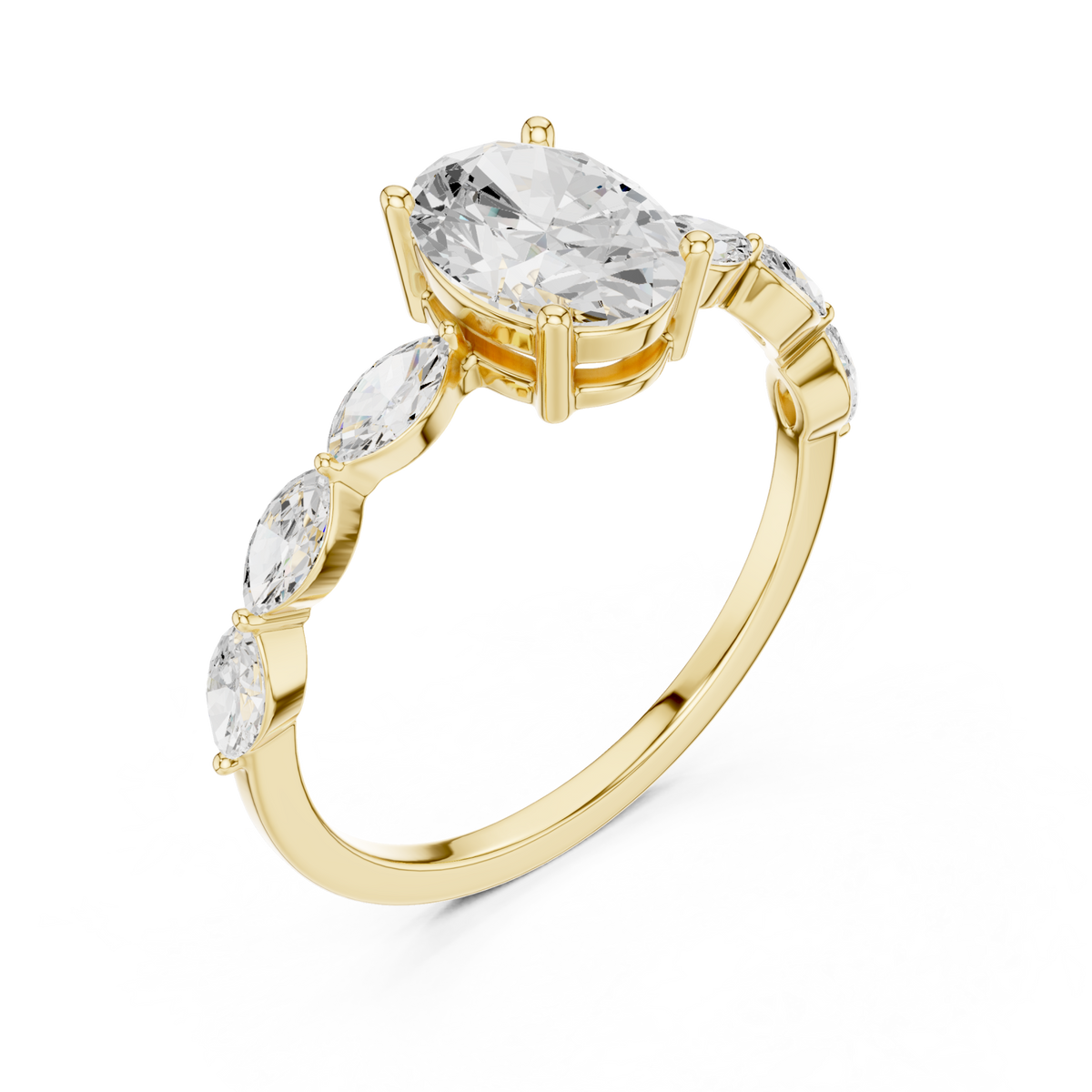 Oval marquise station ring yellow gold front view