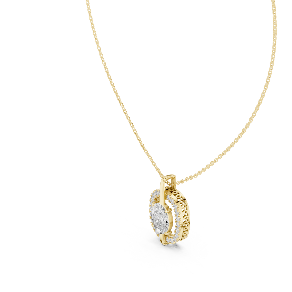 Oval open halo pendant yellow gold angle view
