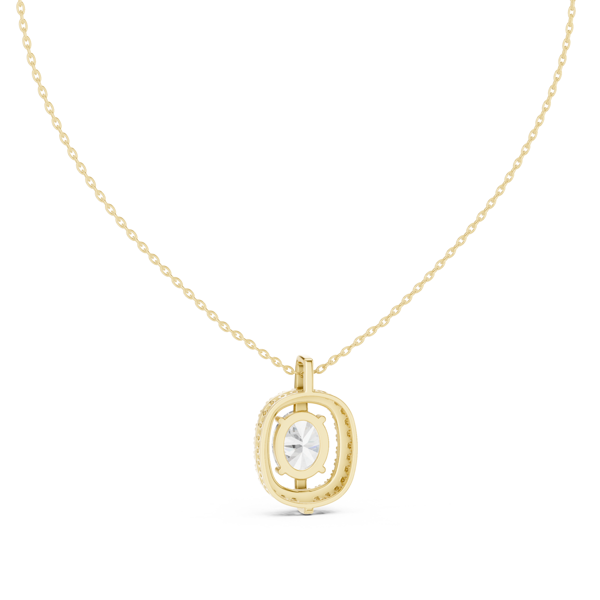Oval open halo pendant yellow gold detail view