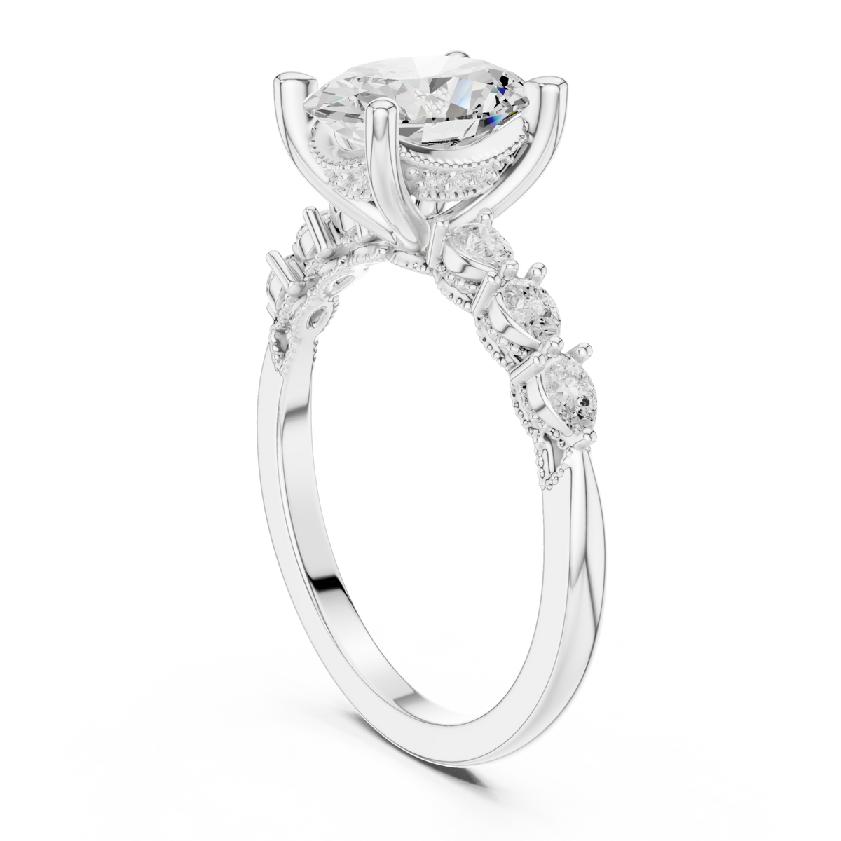Oval pear accent engagement ring white gold front view