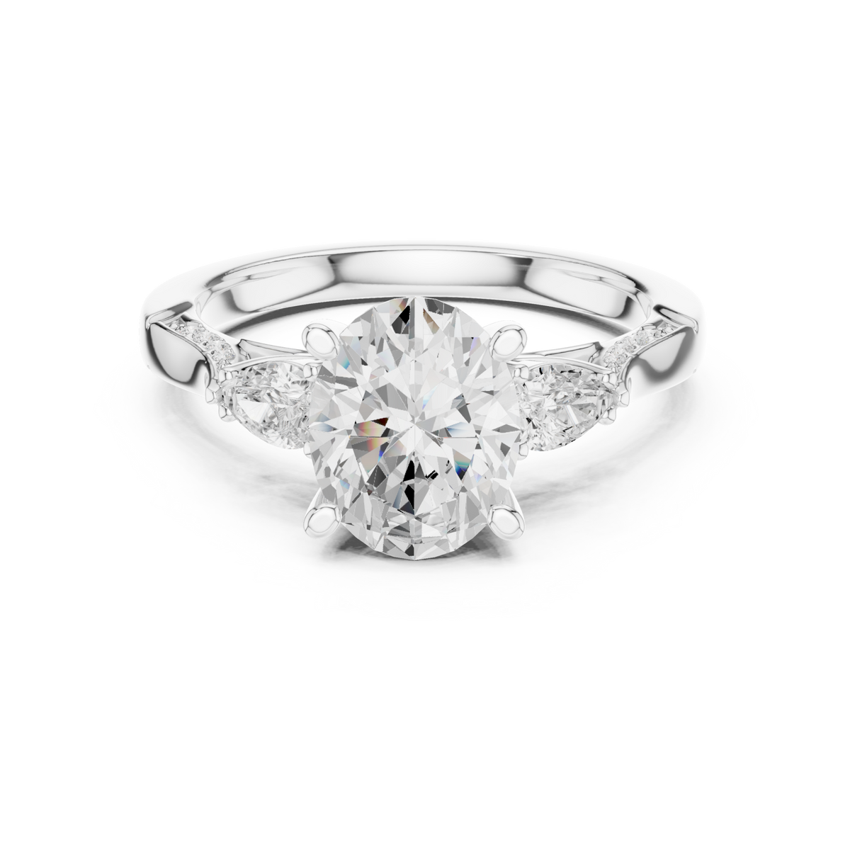 Oval pear accent three stone pave engagement ring white gold detail view
