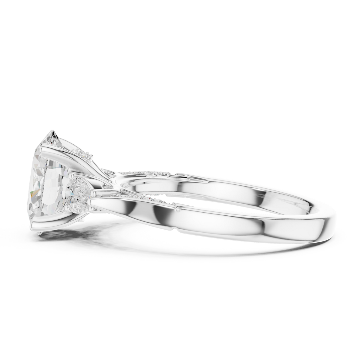 Oval pear accent three stone pave engagement ring white gold side view