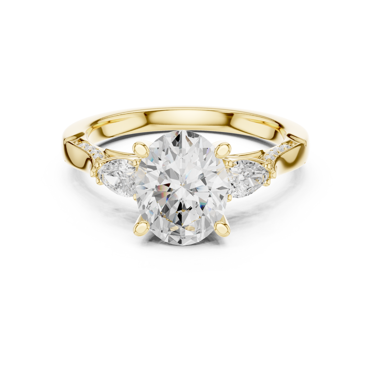 Oval pear accent three stone pave engagement ring yellow gold detail view