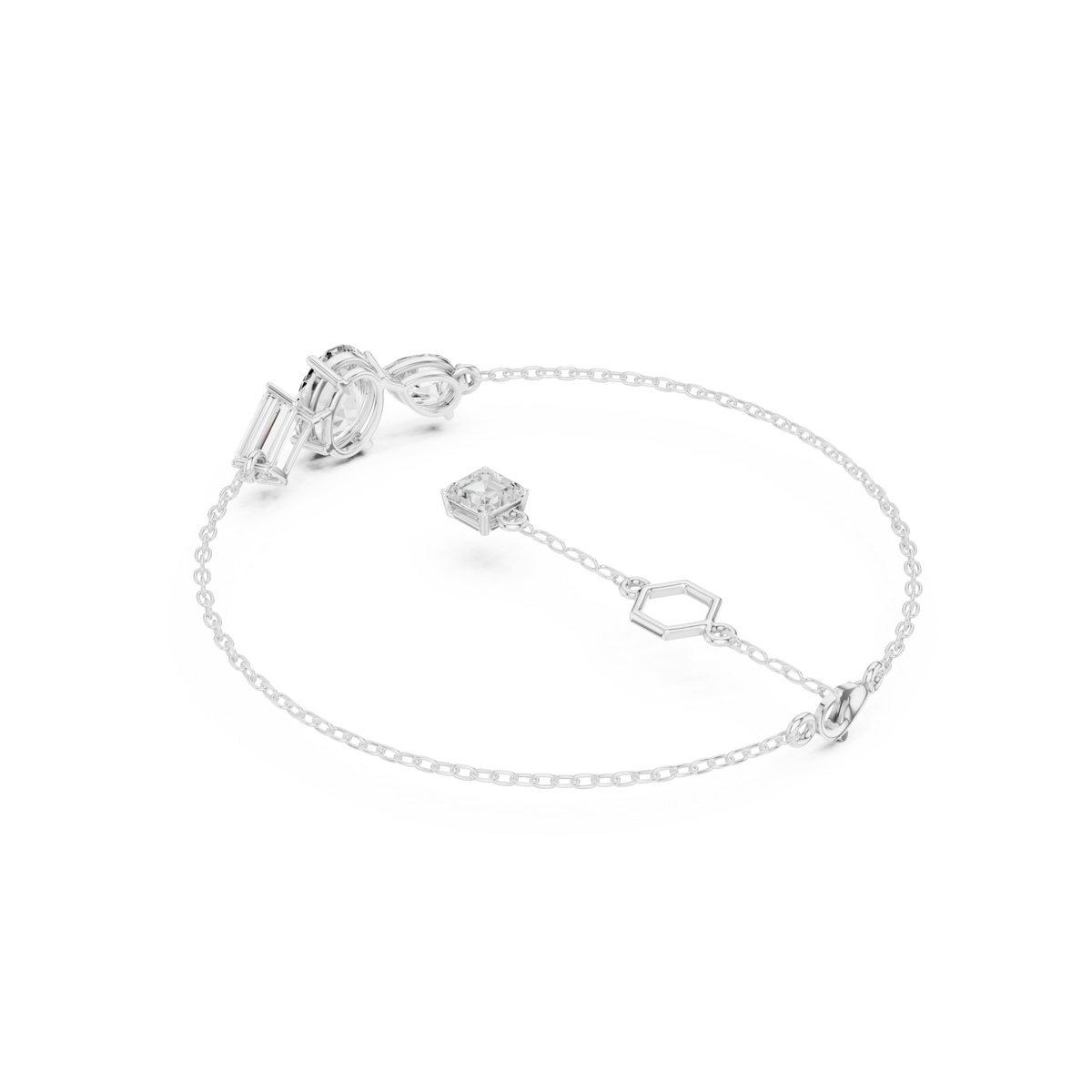  White Gold Oval, Pear and Baguette Cluster Chain Bracelet with Emerald-Cut Station Side View
