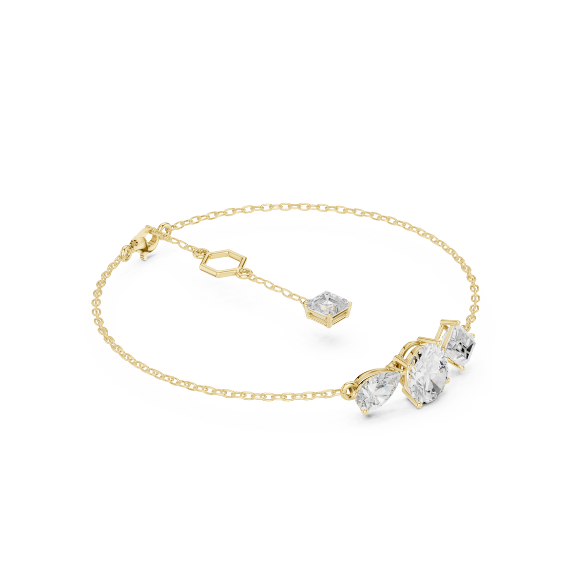 Gold Oval, Pear and Baguette Cluster Chain Bracelet with Emerald-Cut Station Front View