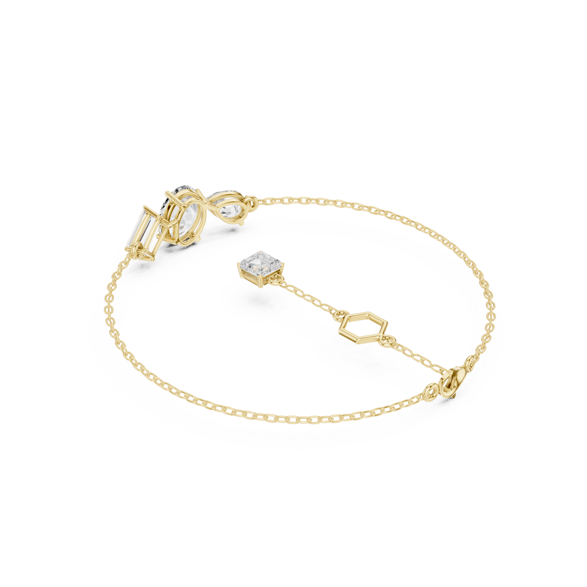  Gold Oval, Pear and Baguette Cluster Chain Bracelet with Emerald-Cut Station Side View