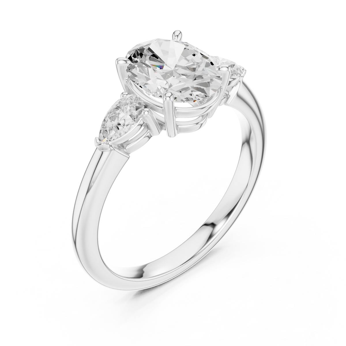 Oval pear side three stone engagement ring white gold angle view