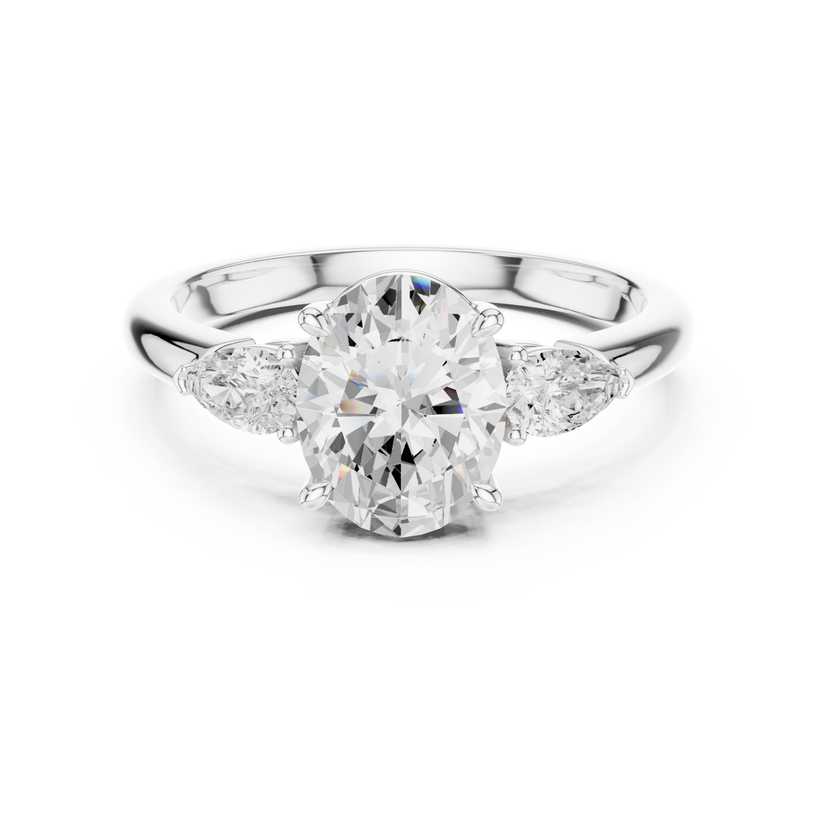 Oval pear side three stone engagement ring white gold detail view