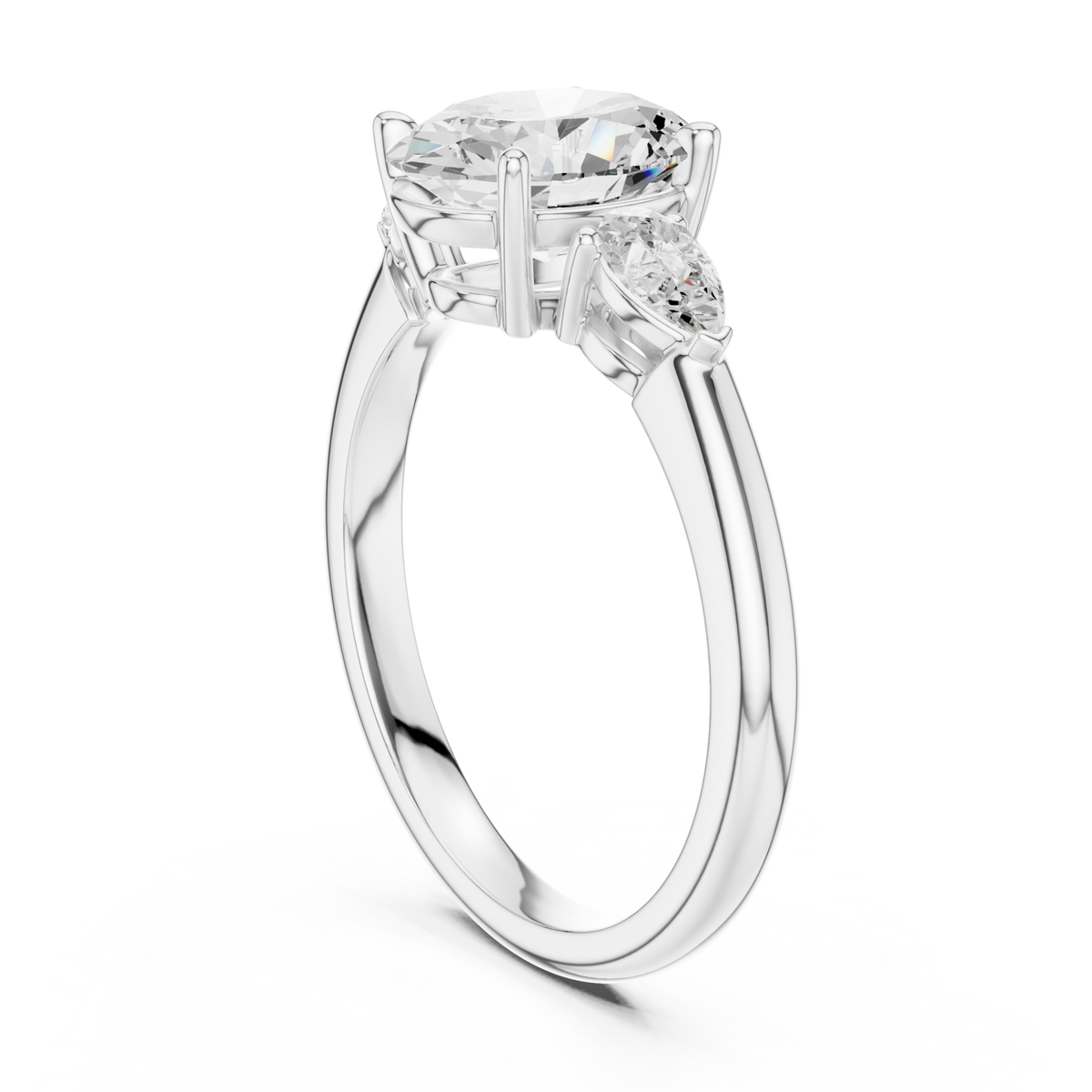 Oval pear side three stone engagement ring white gold front view