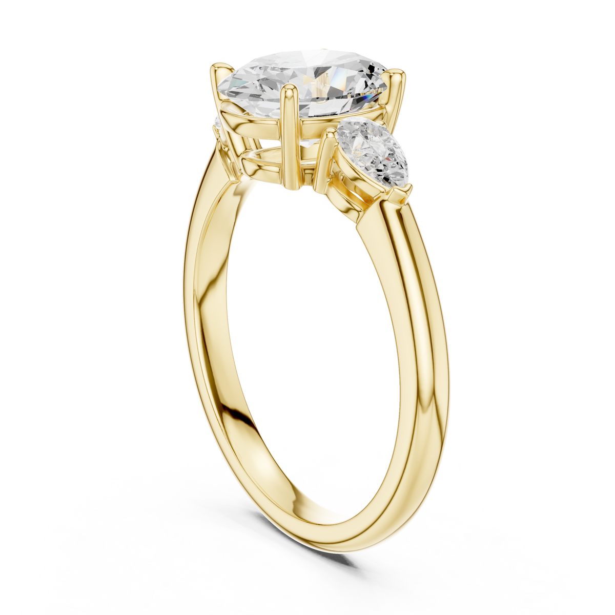 Oval pear side three stone engagement ring yellow gold front view