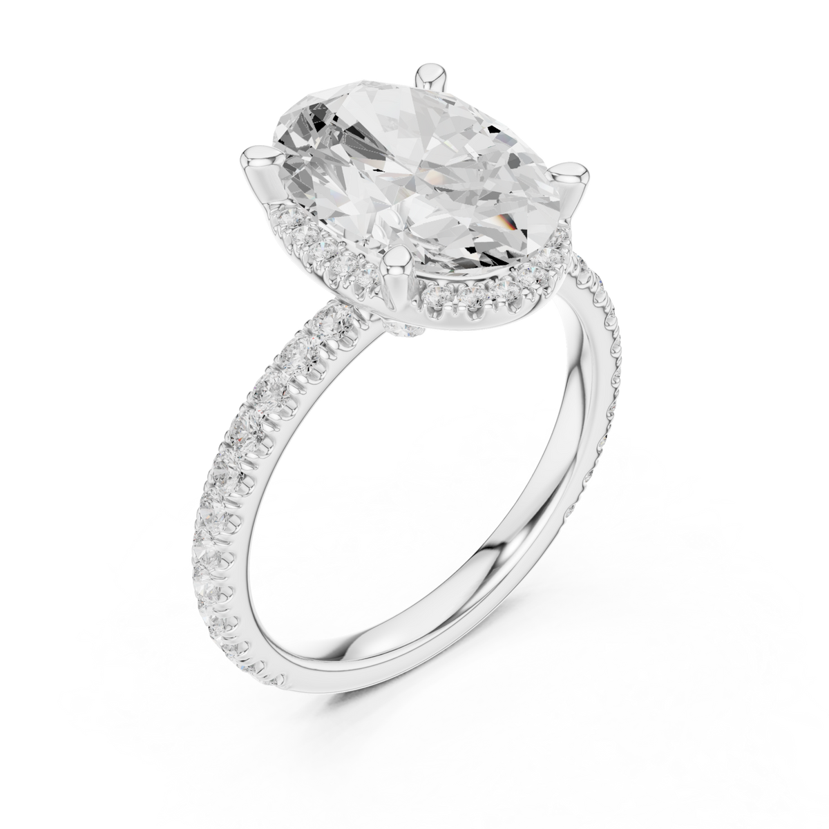 Oval petal-prong hidden halo pave engagement ring white gold angle view