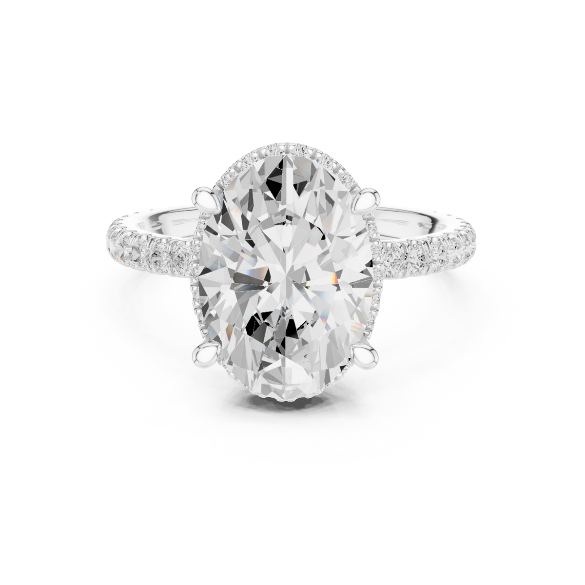 Oval petal-prong hidden halo pave engagement ring white gold detail view
