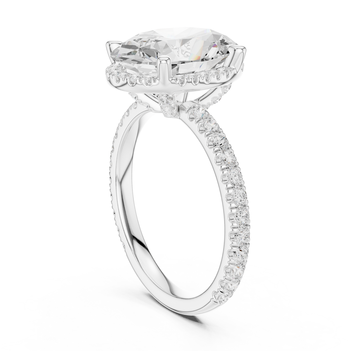 Oval petal-prong hidden halo pave engagement ring white gold front view