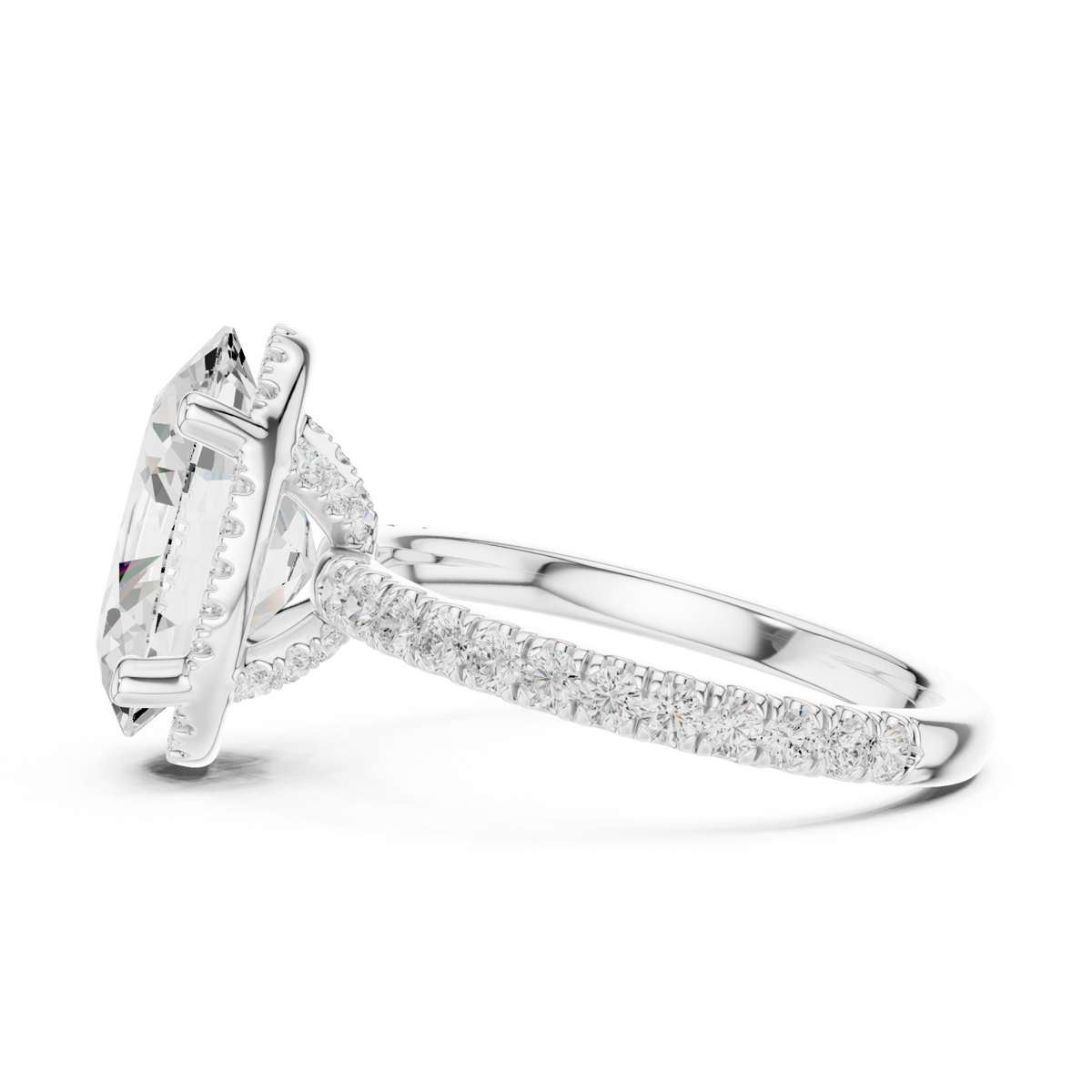 Oval petal-prong hidden halo pave engagement ring white gold side view