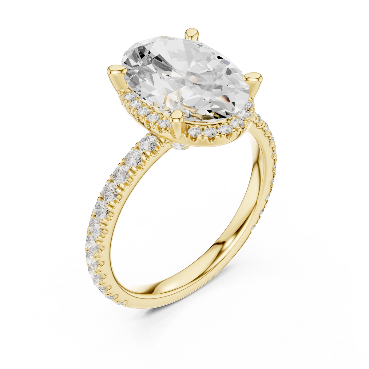 Oval petal-prong hidden halo pave engagement ring yellow gold angle view