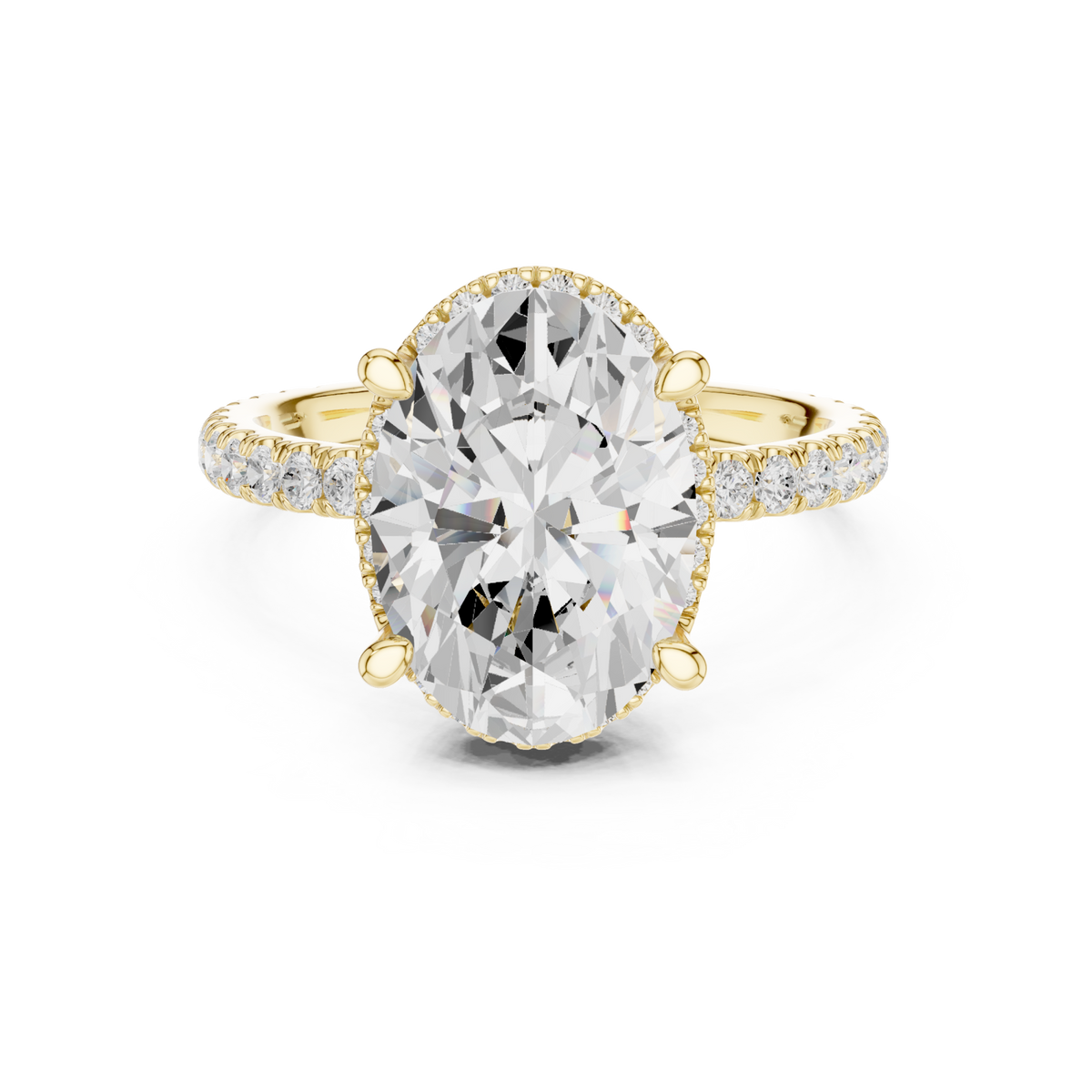 Oval petal-prong hidden halo pave engagement ring yellow gold detail view