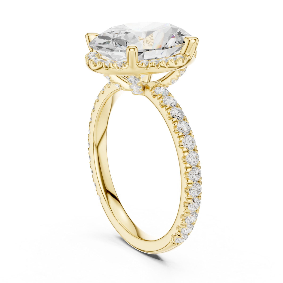 Oval petal-prong hidden halo pave engagement ring yellow gold front view