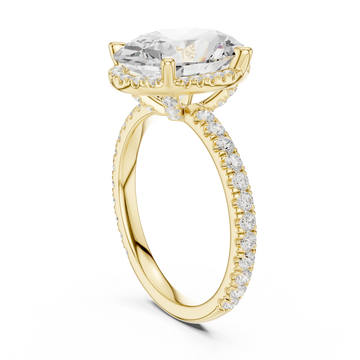 Oval petal-prong hidden halo pave engagement ring yellow gold front view