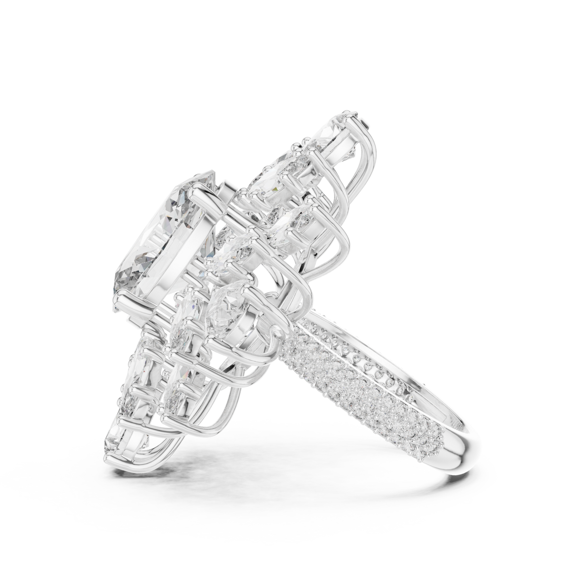 Oval petal burst cocktail ring white gold angle view