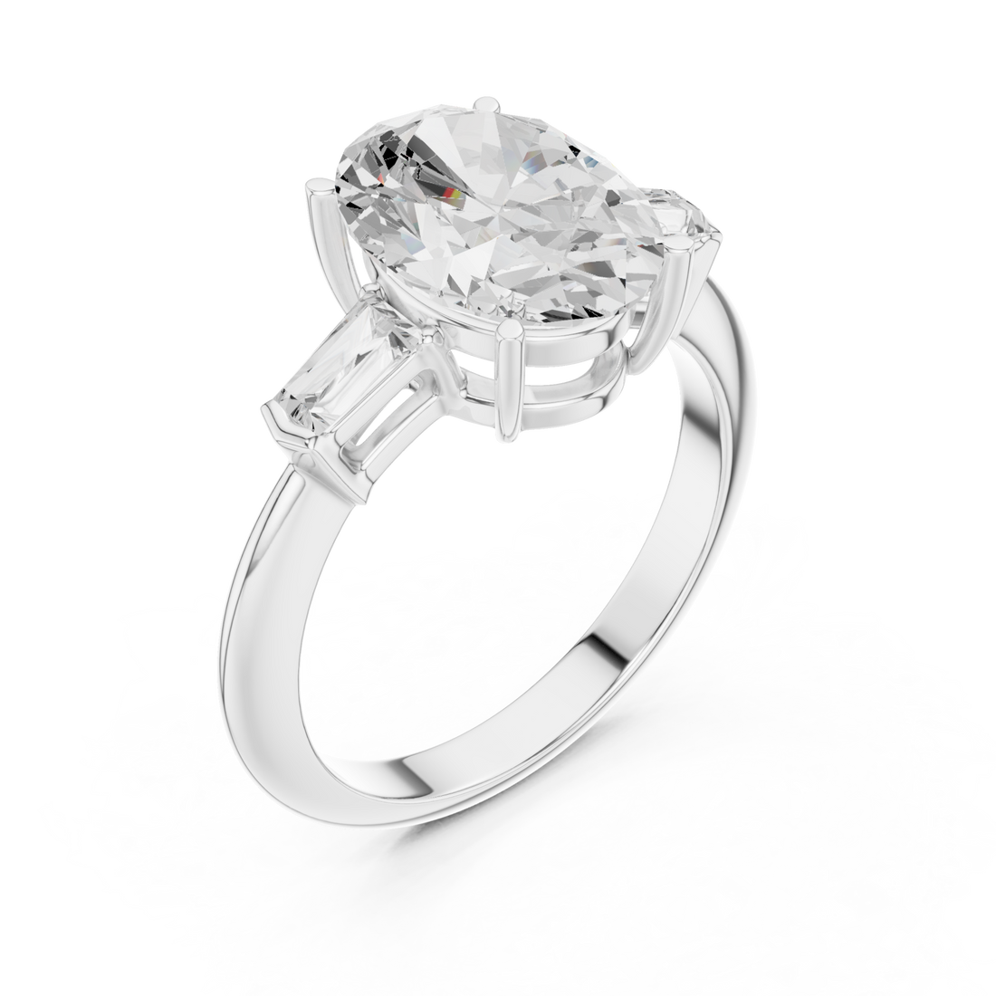 Oval petite baguette three stone engagement ring white gold front view