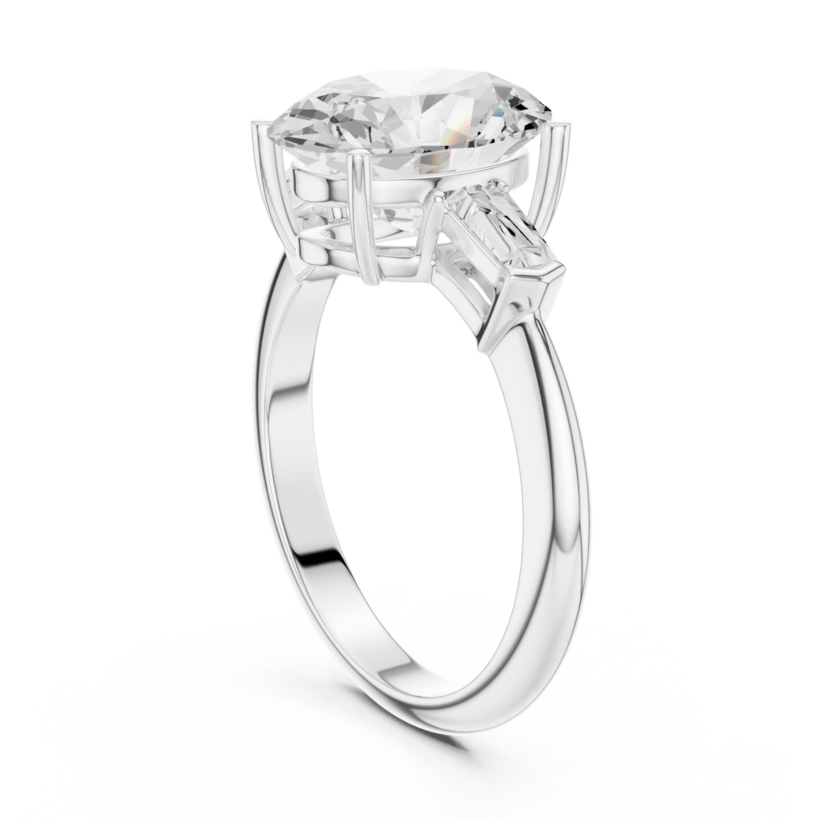 Oval petite baguette three stone engagement ring white gold front view