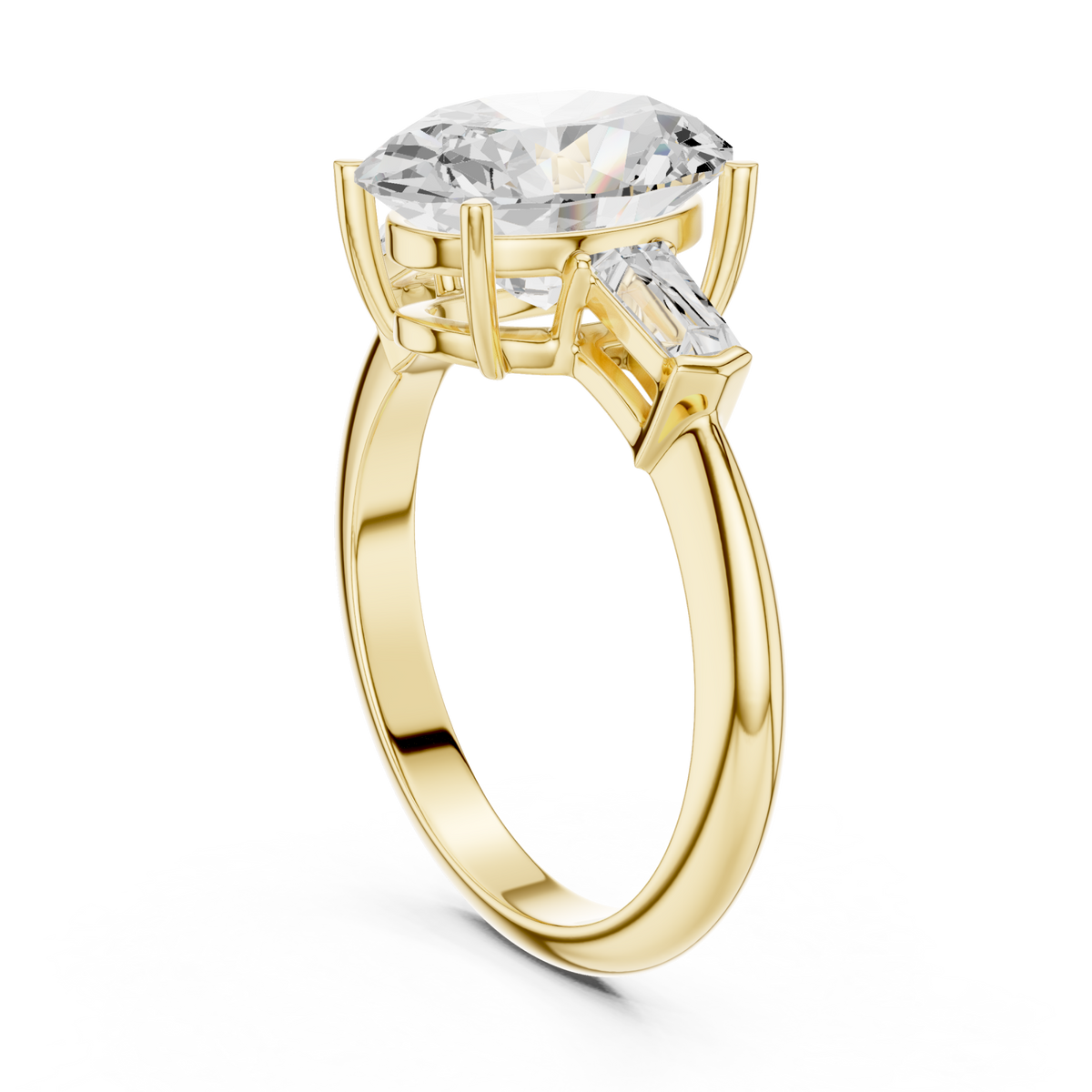 Oval petite baguette three stone engagement ring yellow gold front view