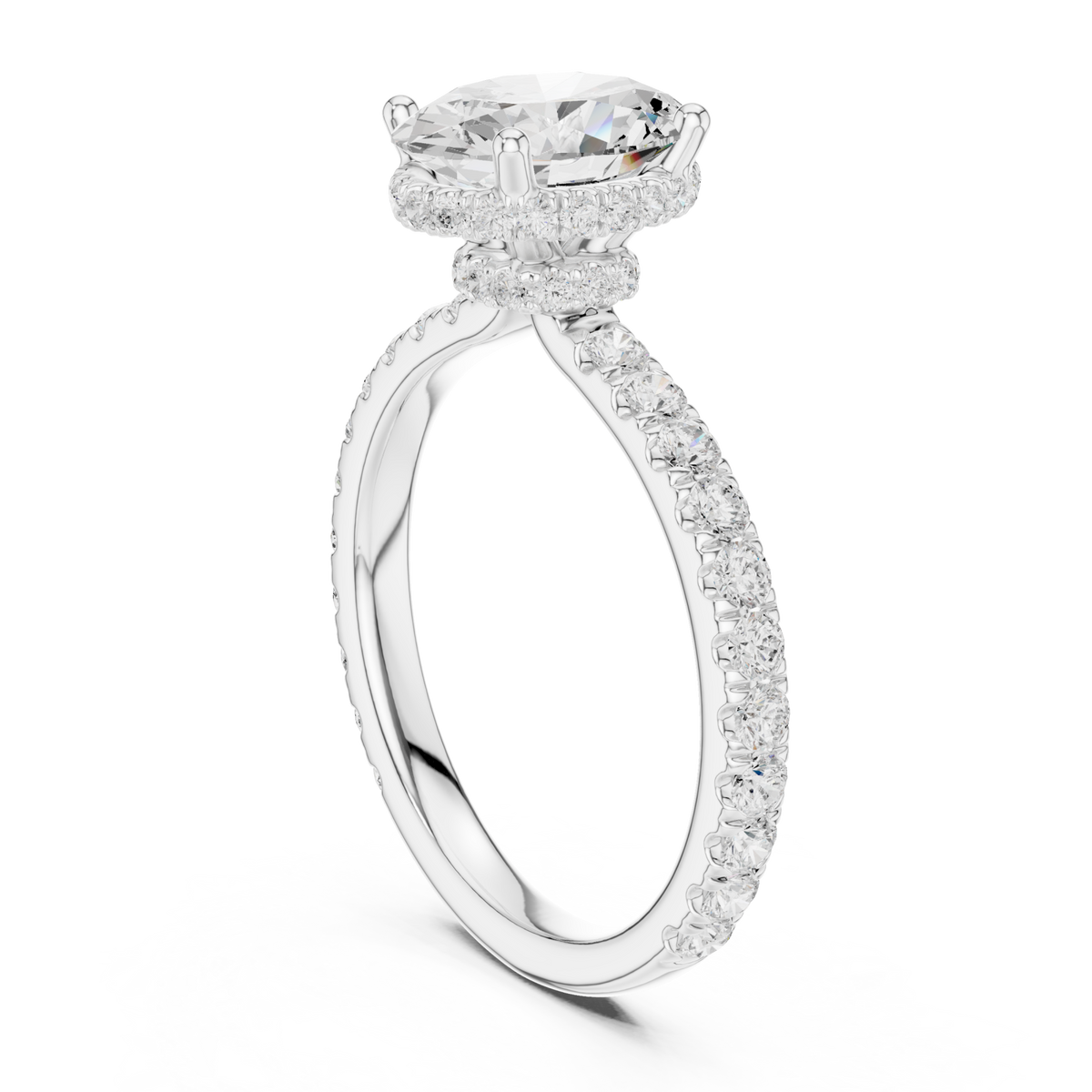 Oval petite hidden halo pave engagement ring white gold front view