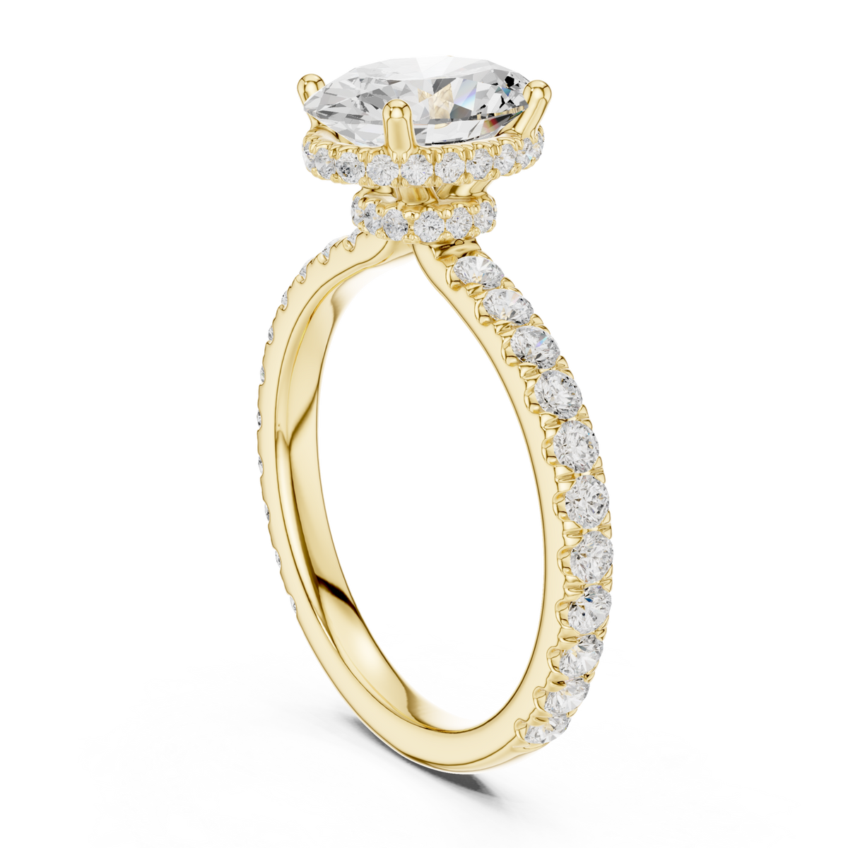 Oval petite hidden halo pave engagement ring yellow gold front view
