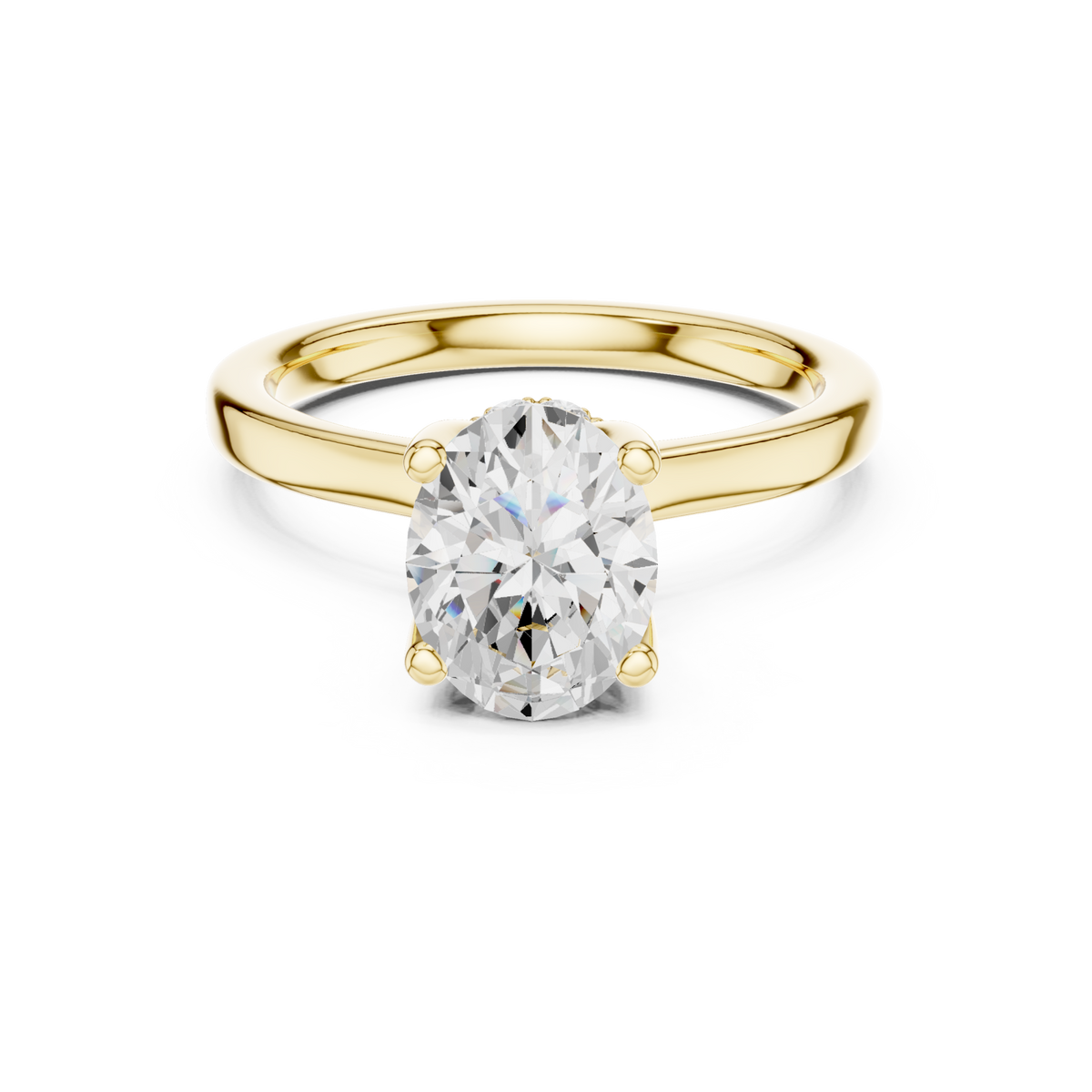 Oval petite hidden halo solitaire engagement ring yellow gold detail view