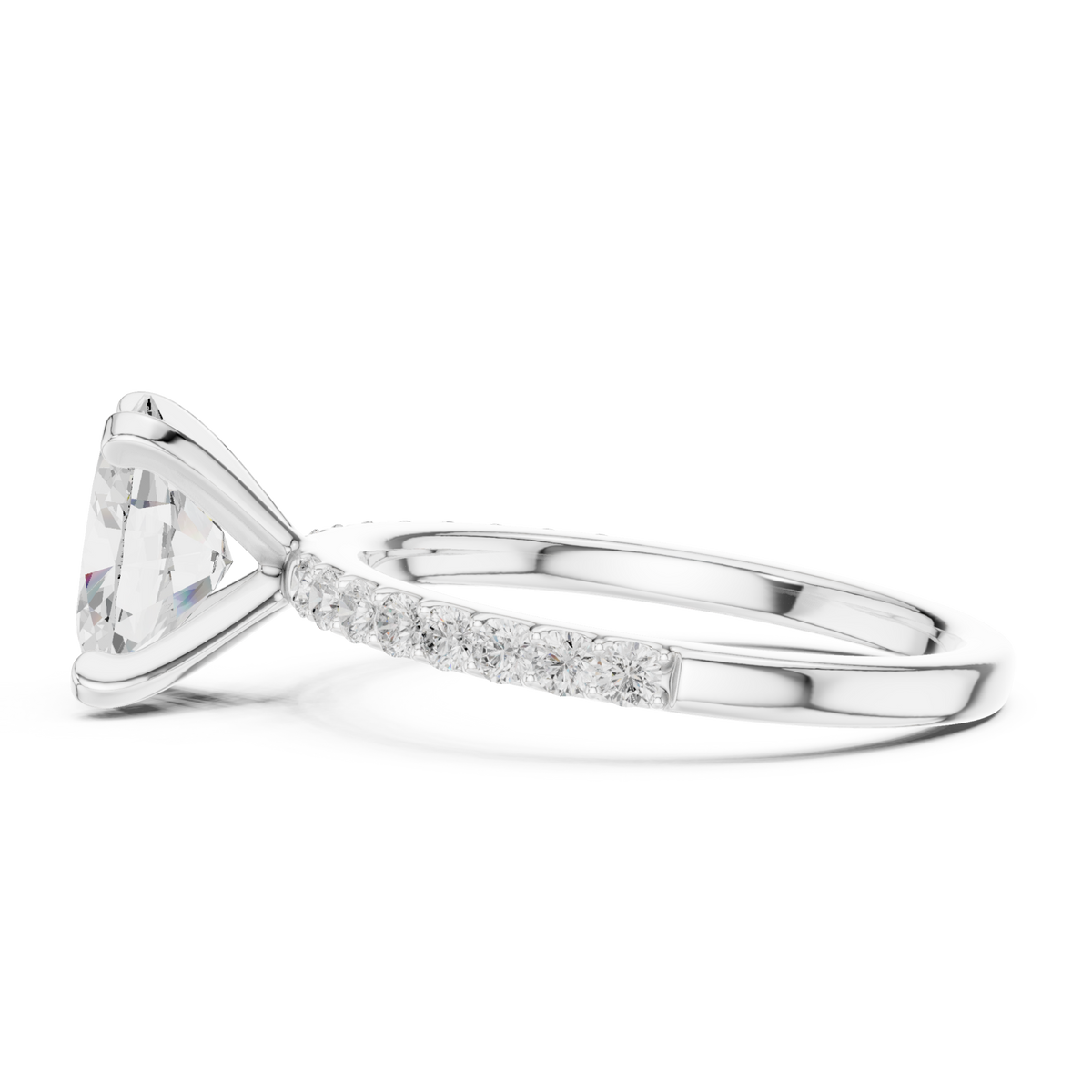 Oval petite pave engagement ring white gold side view
